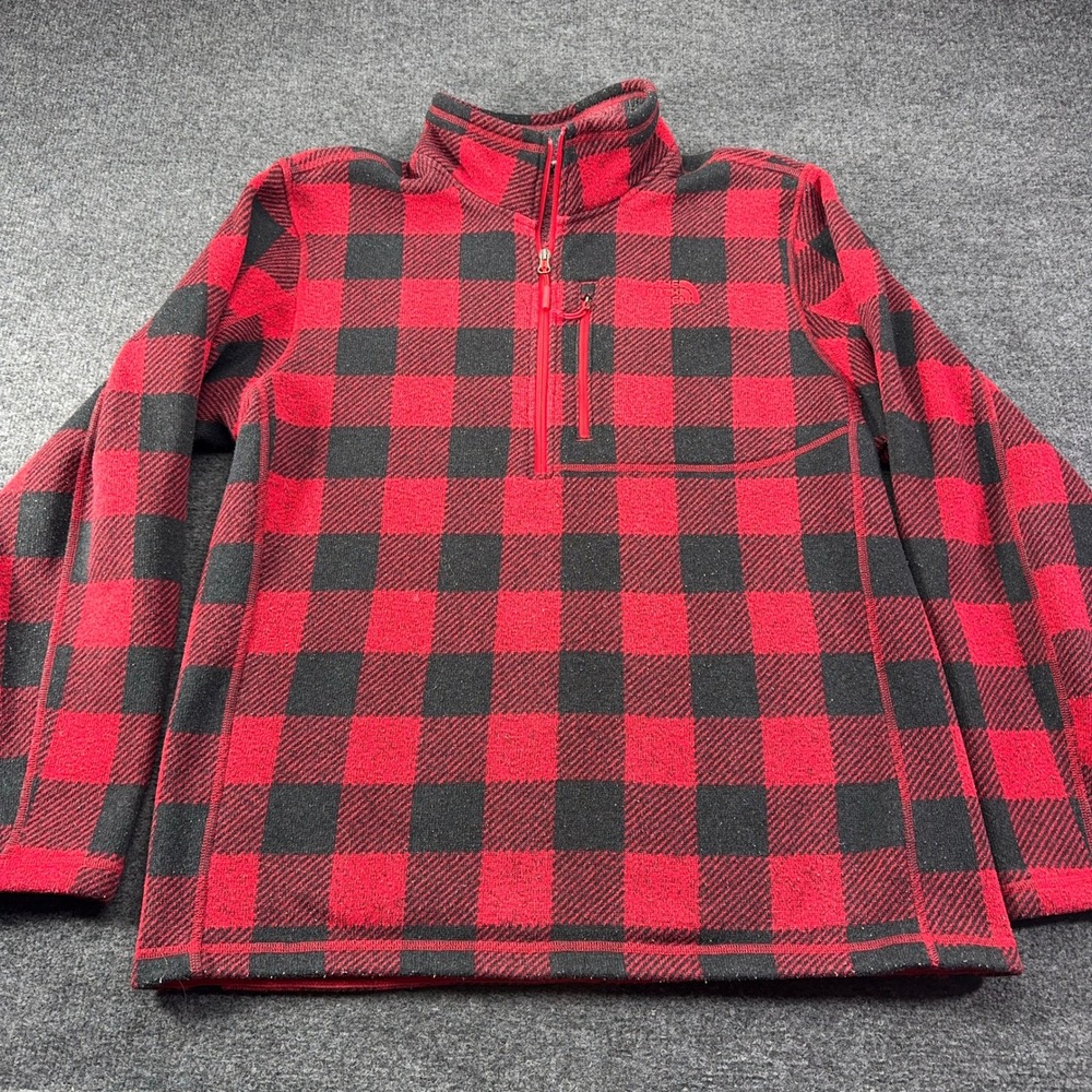 The North Face Mens Red Black Buffalo Plaid Quarter Zip Fleece Pullover Jacket